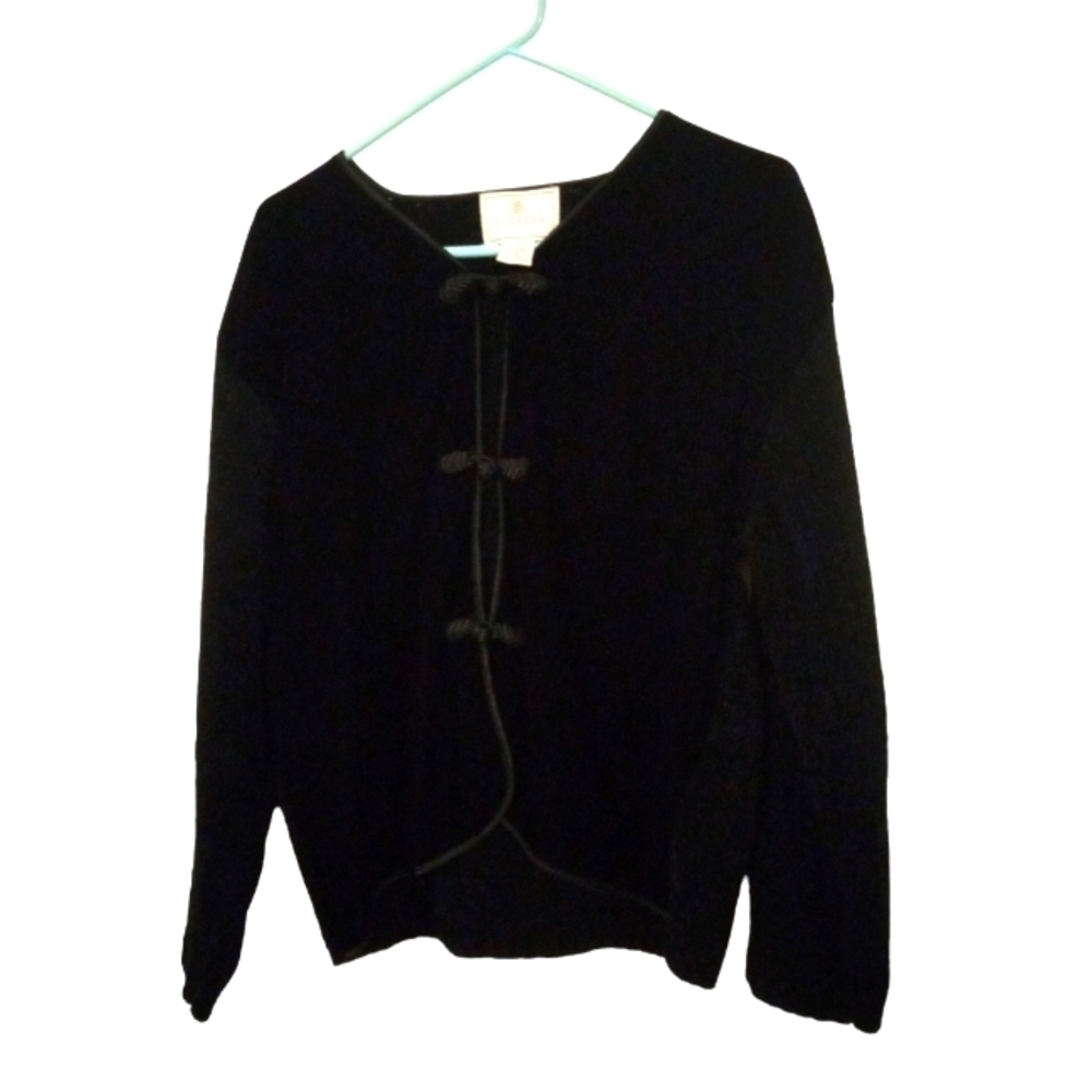 VTG Velvety Express Tricot Cardigan Mix Fabric Knot Latch & Hoop Front Regal  S